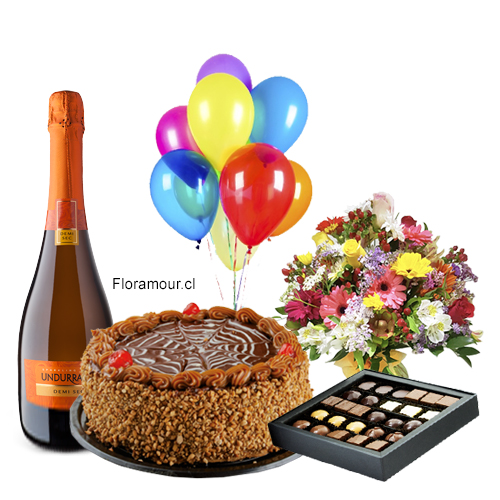 Fiesta 5 Regalos: Centro primaveral con globos, Champagne, bombones Damien Mercier y torta Milhojas